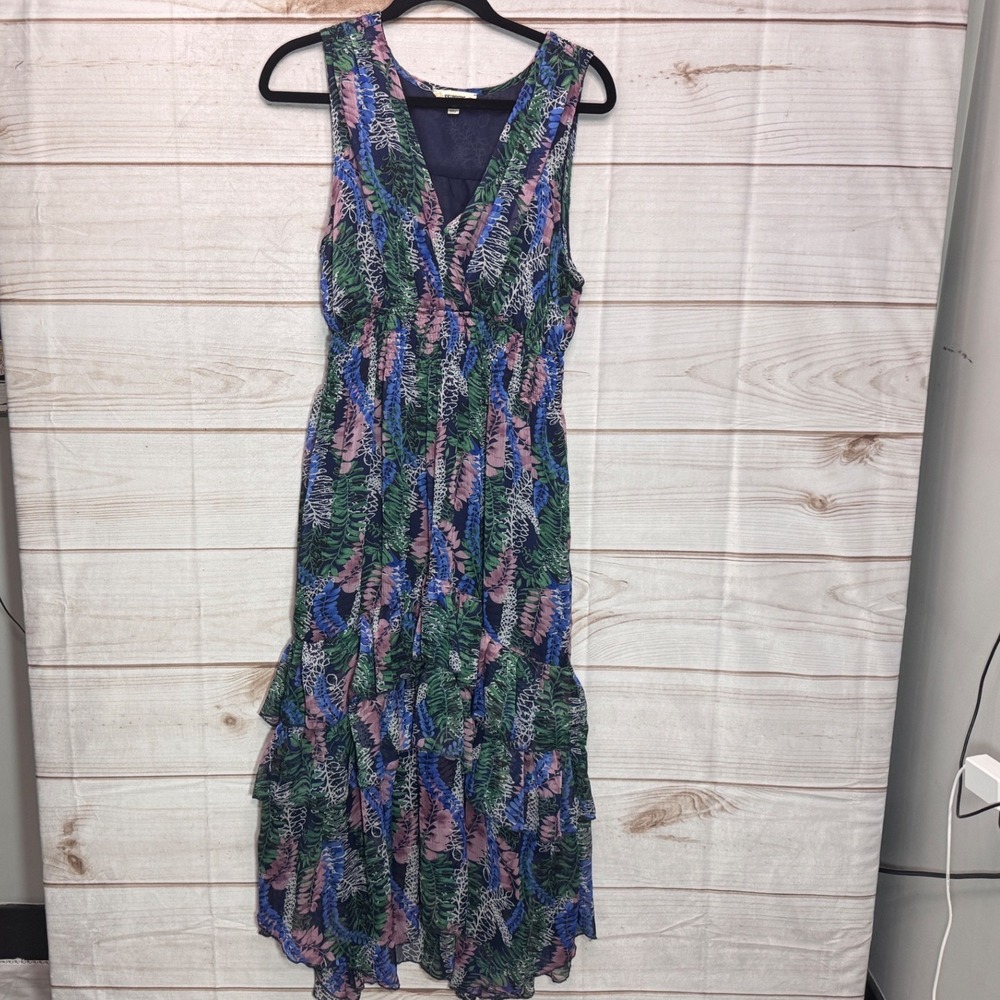 Ee:some Tropical Leaf Print Tiered Maxi Dress Blue Green Smocked Waist Medium